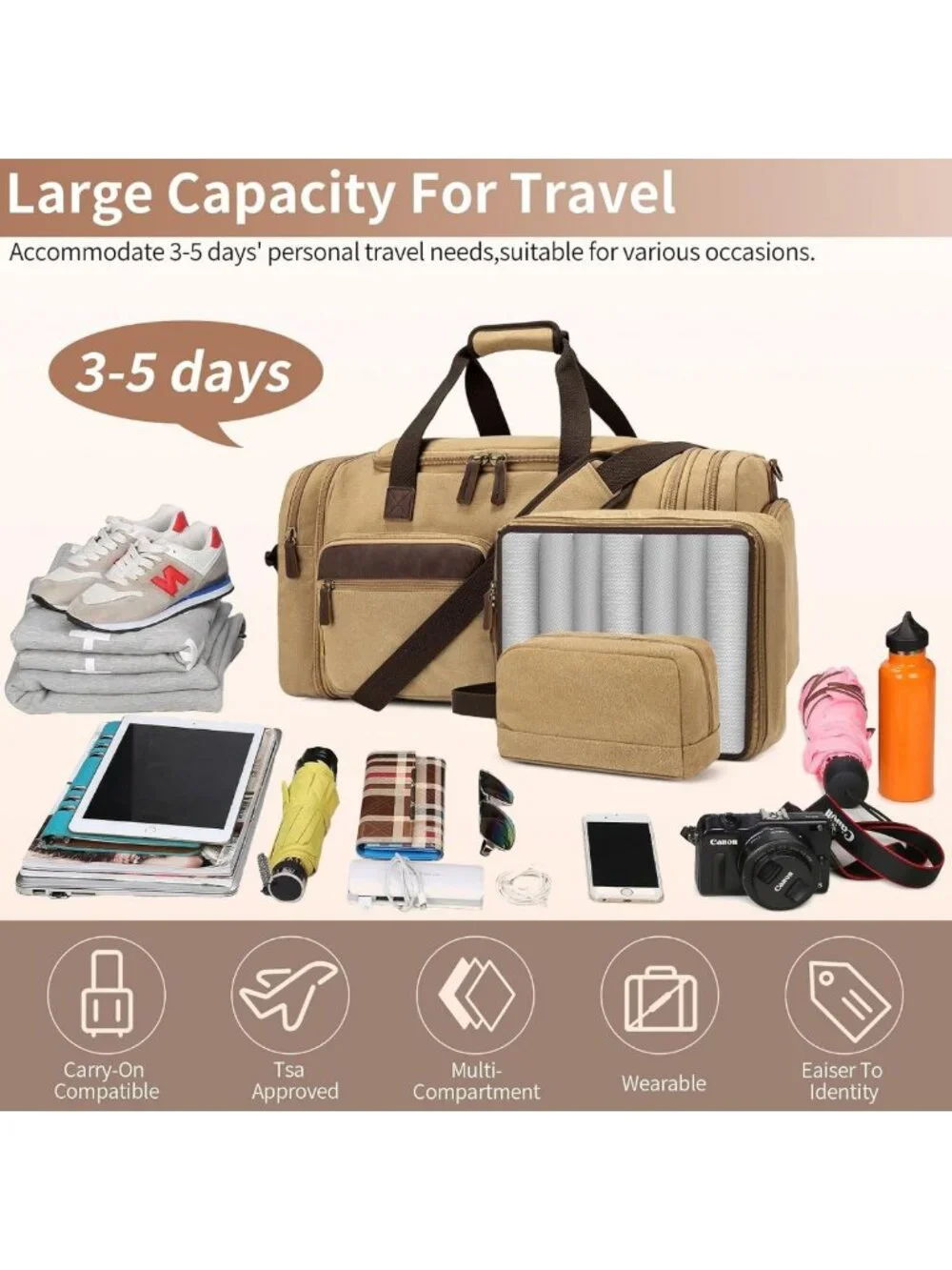 Spacious 60L Canvas Duffle Bag for Travel, Expandable Overnight Weekender Tote